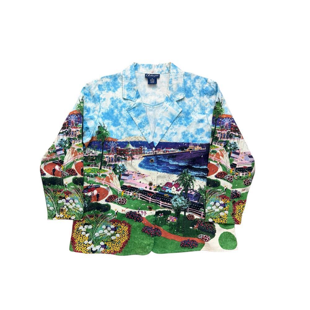 Artacapea Women's Heavy 100% Cotton Colourful Beach Scene Blazer Jacket Size M
